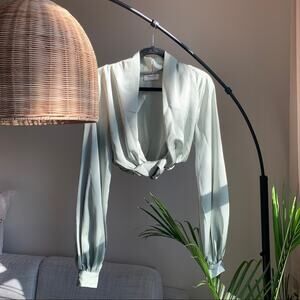 HOUSE OF CB Tosca Sage Green Silk Satin Plunge Blouson Chic Luxe Twist Crop Top